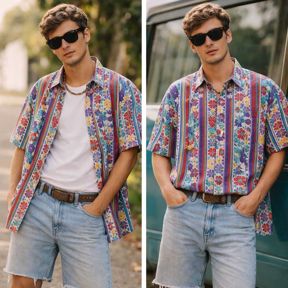90s KZK True Vintage Button Up Shirt Multicolor Resort Print Cotton Size M Retro
